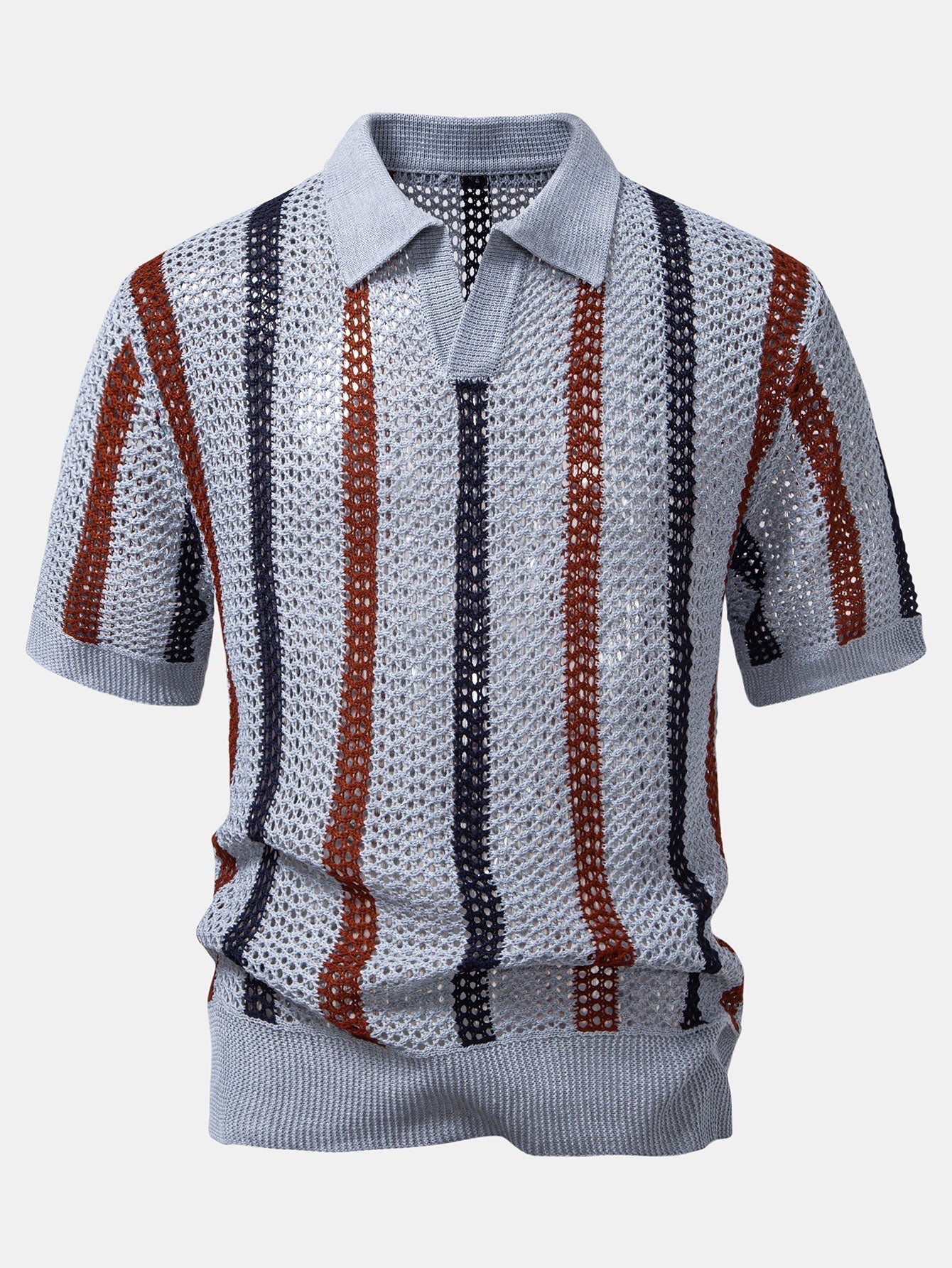 hola Crochet Striped V-Neck Polo Shirt
