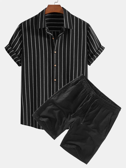 Adelphius® | Cotton Blend Striped Button Up Shirt & Linen Drawstring Shorts