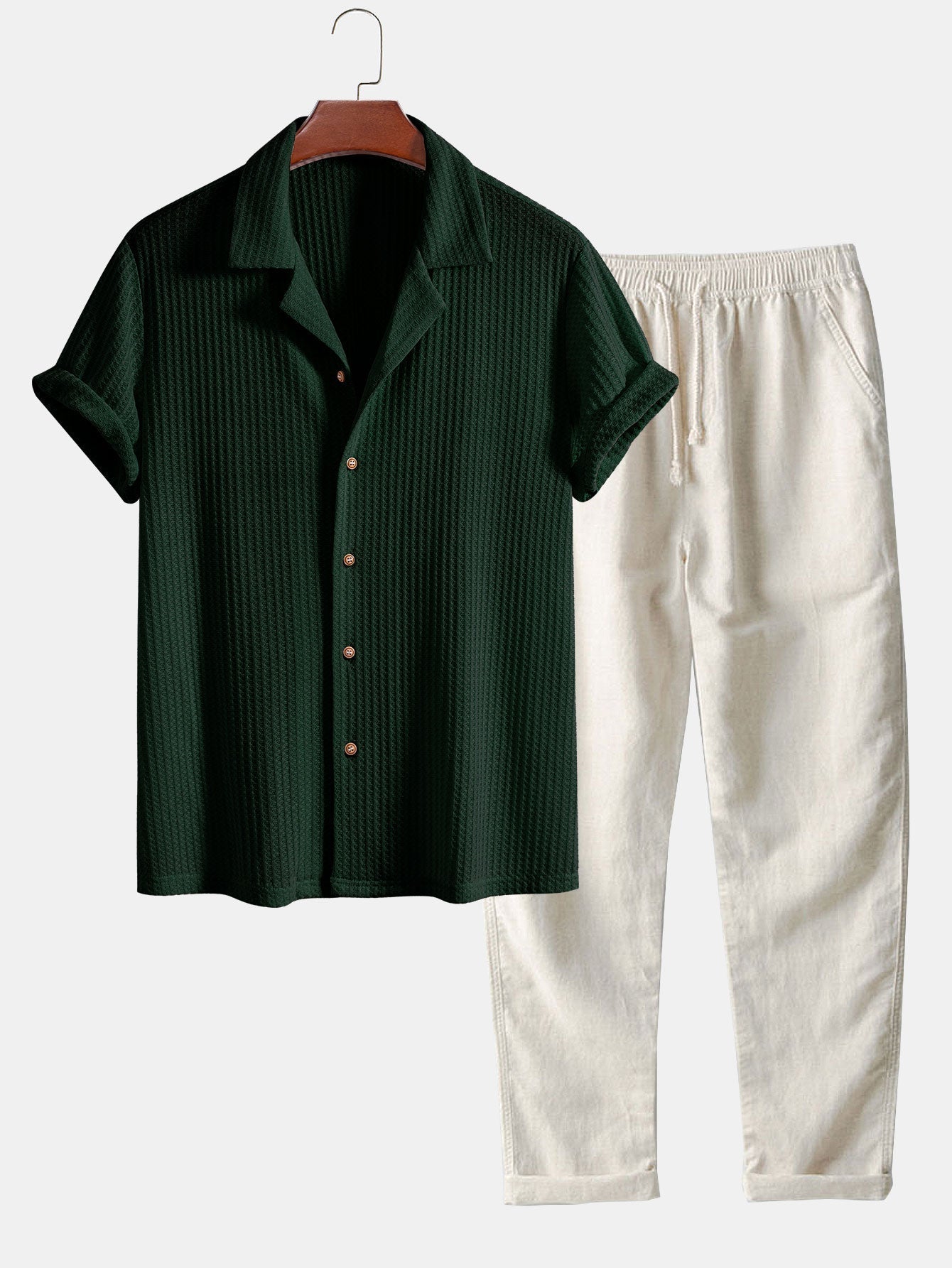 Adlai® | Short Sleeve Knitted Waffle Cuban Shirt & Straight Leg Linen Pants