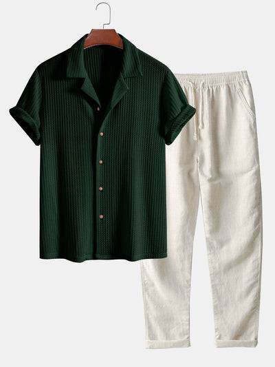 Adlai® | Short Sleeve Knitted Waffle Cuban Shirt & Straight Leg Linen Pants