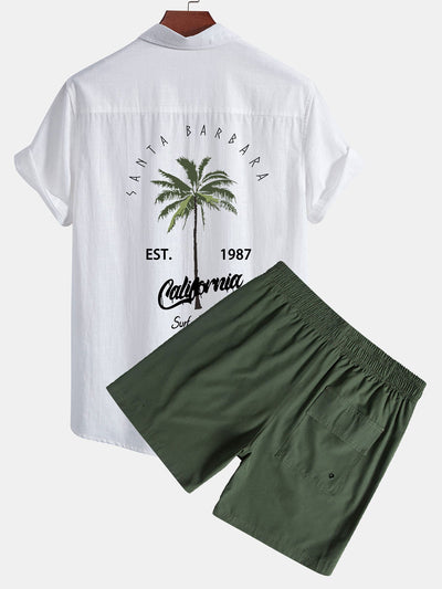Harvey® | California Palm Tree Print Linen Look Cotton Button Up Shirt & Swim Shorts