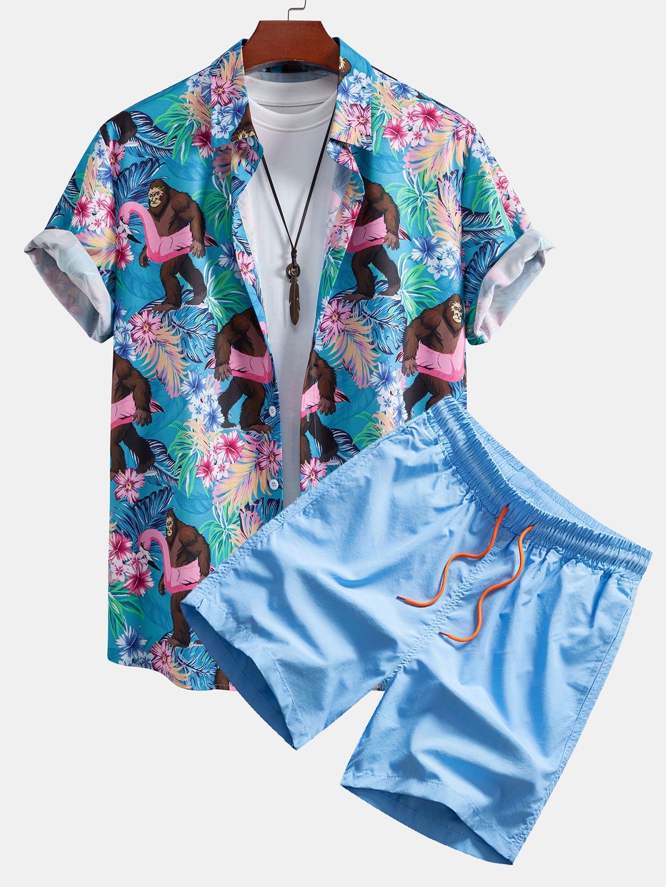 Adonai® | Tropical Plants And Orangutan Print Button Up Shirt & Swim Shorts