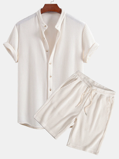Adelmo® | Waffle Stand Collar Shirt & Drawstring Waffle Shorts