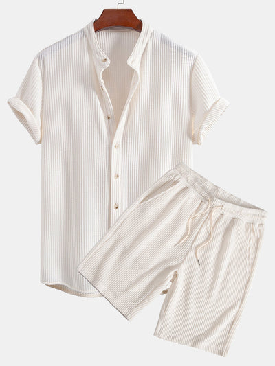 Adelmo® | Waffle Stand Collar Shirt & Drawstring Waffle Shorts