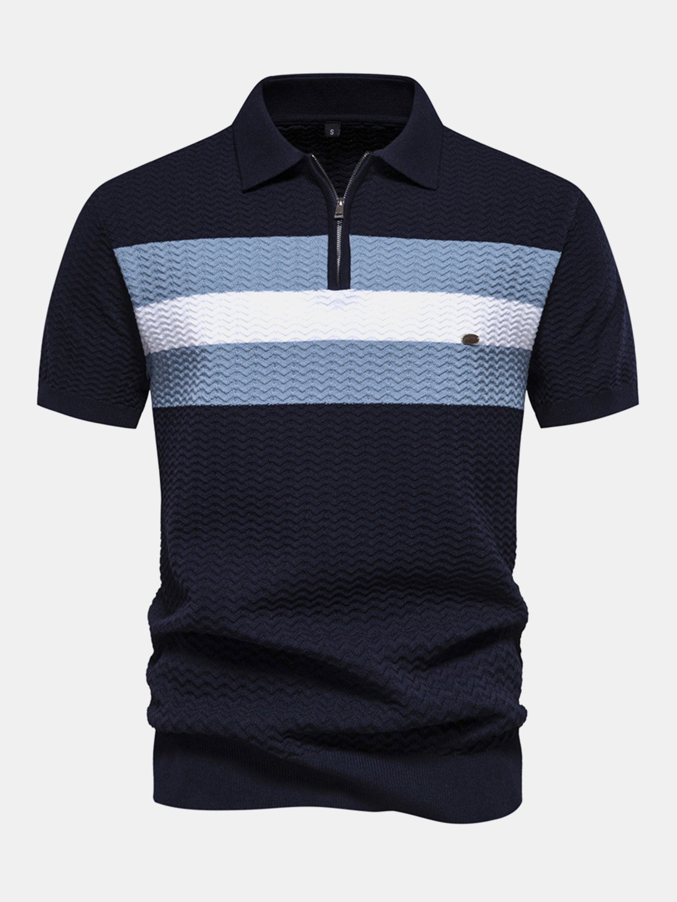 Cameron | Contrast Textured Jacquard Knit Zip Up Polo Shirt
