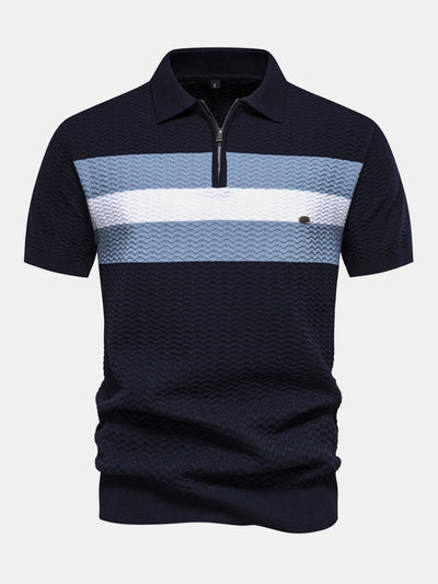 Cameron | Contrast Textured Jacquard Knit Zip Up Polo Shirt