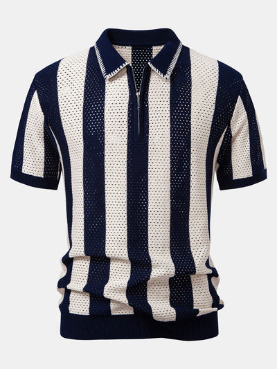 Dylan | Striped Eyelet Knit Zip Up Polo Shirt