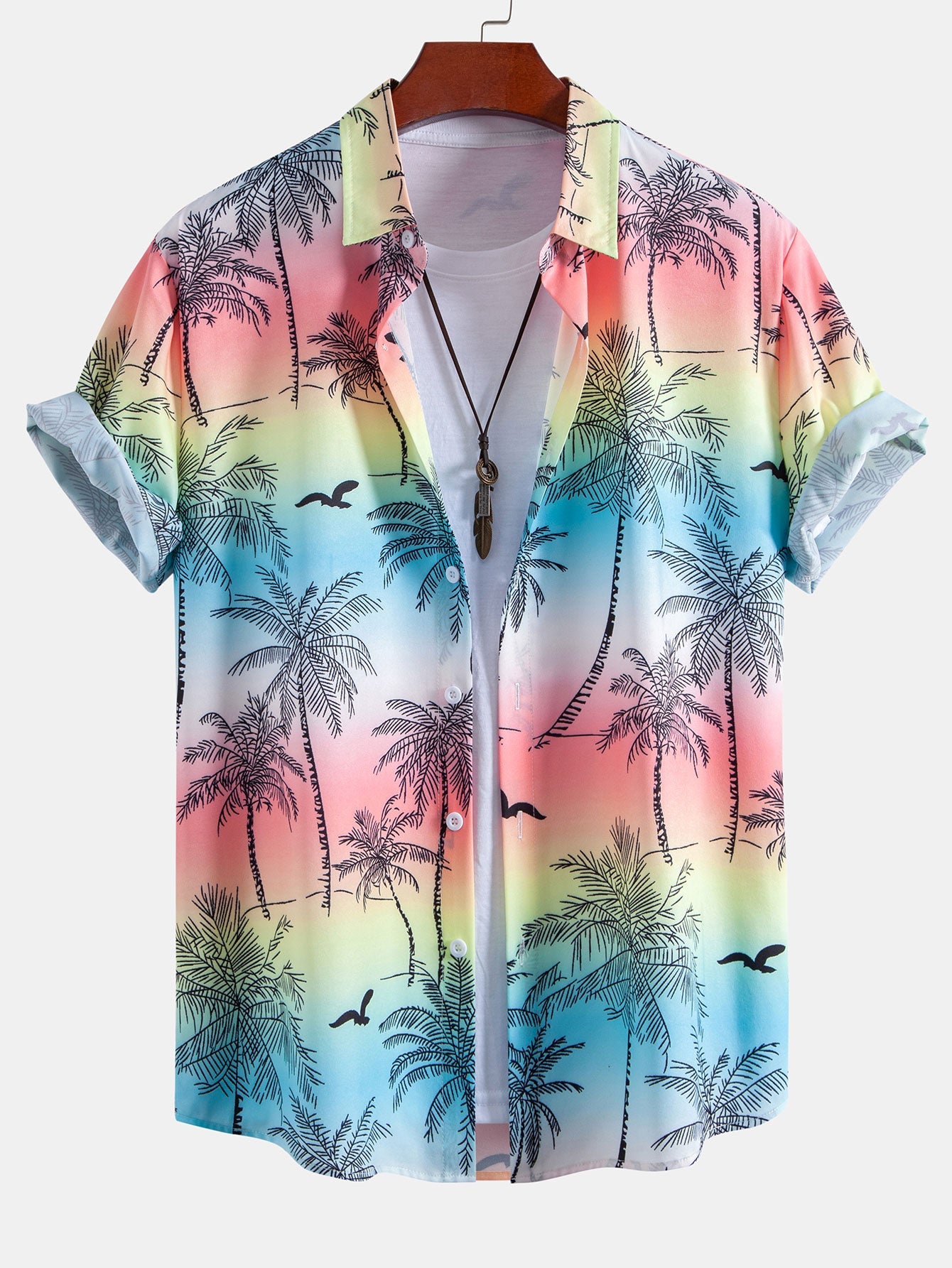 Evan® | Palm Tree Seagull Print Button Up Shirt & Swim Shorts
