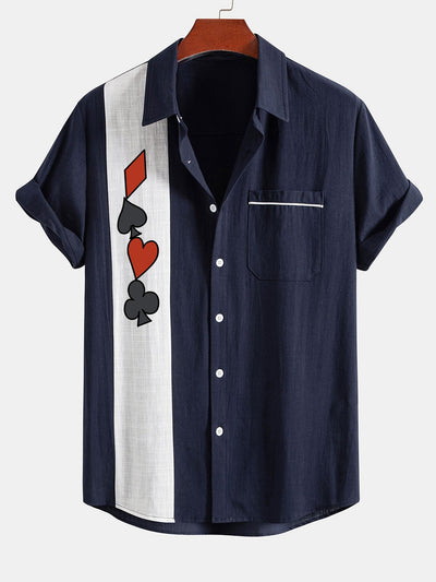 Licio® | Poker Print Linen Look Contrast Button Up Shirt