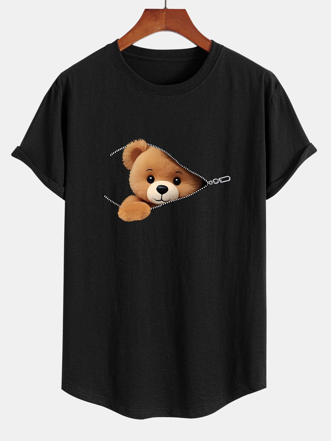 Gustavo® | Zipper Bear Print Cotton Arc Hem T-Shirt