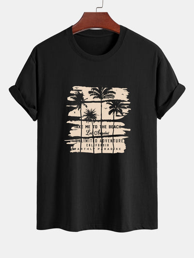 Demócrito® | Beige Palm Tree Silhouette Print Cotton T-Shirt