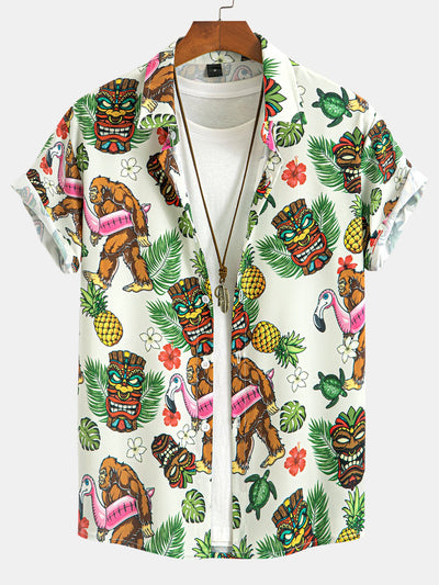 Marvin® | Tropical Tiki Bigfoot Print Button Up Shirt & Man Mid Length Drawstring Swim Shorts