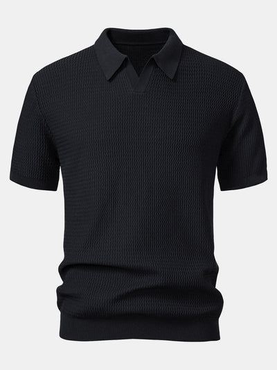 Caleb | Wave Jacquard Knit V Neck Polo Shirt