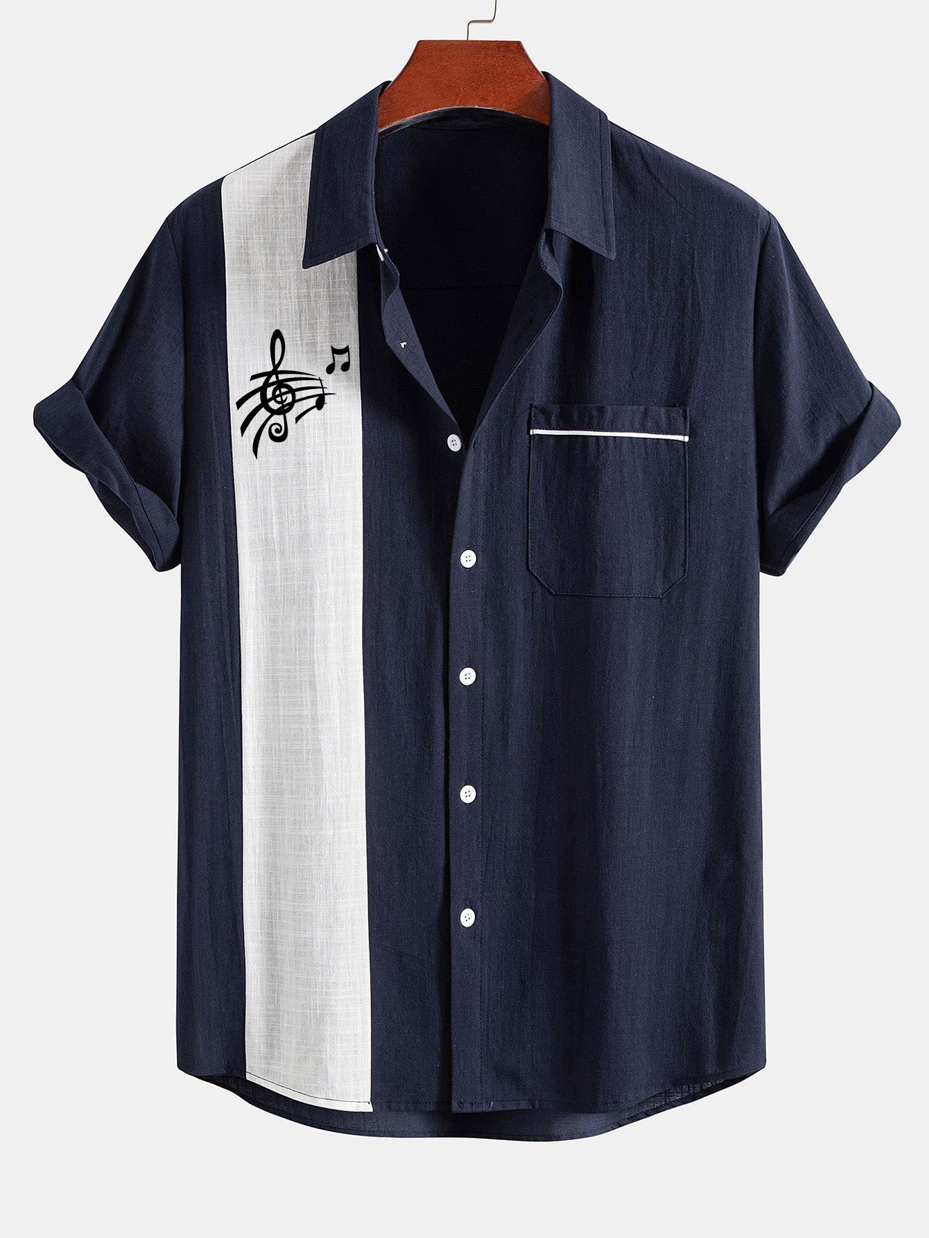 Leopoldo® | Musical Note Print Linen Look Contrast Button Up Shirt
