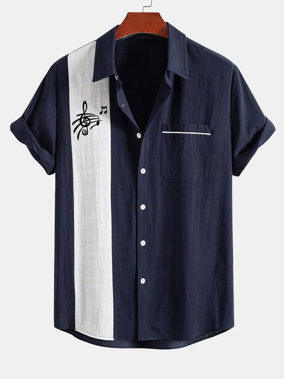 Leopoldo® | Musical Note Print Linen Look Contrast Button Up Shirt