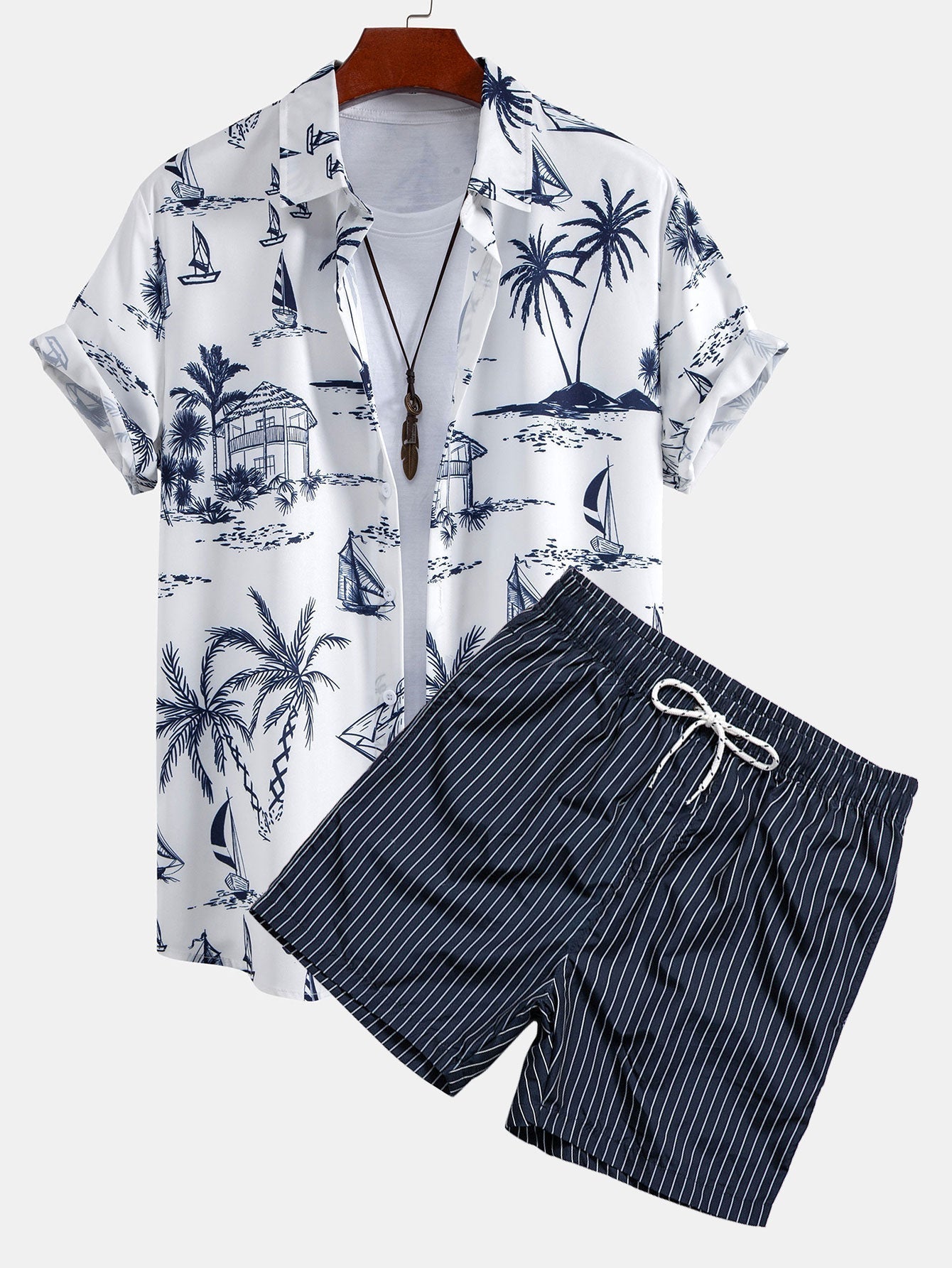Filiberto® | Island Sailing Print Button Up Shirt & Striped Print Swim Shorts