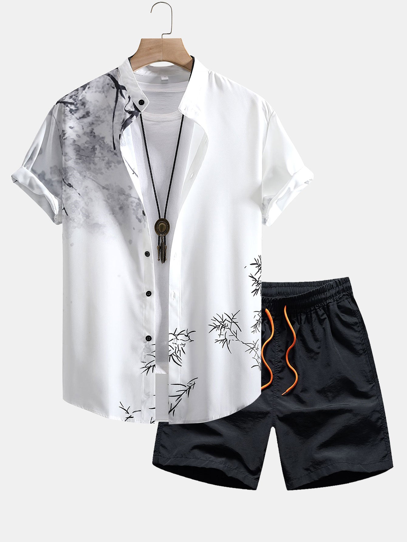 Baltasar® | Traditional Oriental Ink Painting Print Stand Collar Shirt & Drawstring Swim Shorts