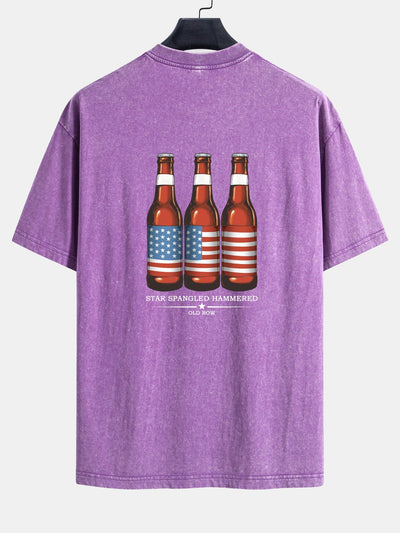 Jairo® | USA Old Row Beer Print Washed Distressed Drop Shoulder T-Shirt