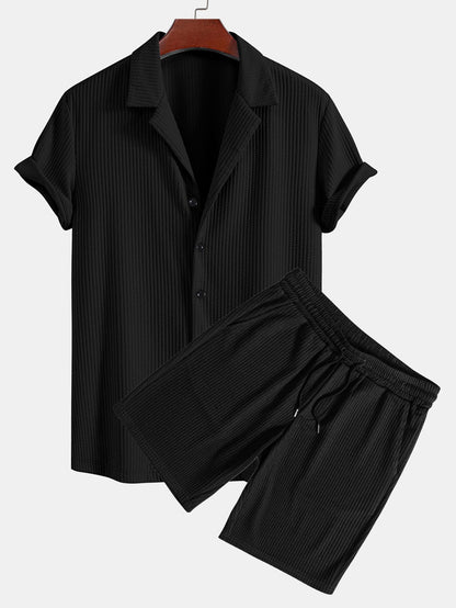 Arnaldo® | Muscle Fit Ribbed Deep Cuban Shirt & Drawstring Ribbed Shorts