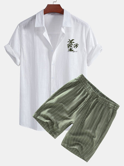 Clemente® | Hawaii Palm Tree Print Linen Look Cotton Button Up Shirt & Linen Cotton Blend Striped Shorts