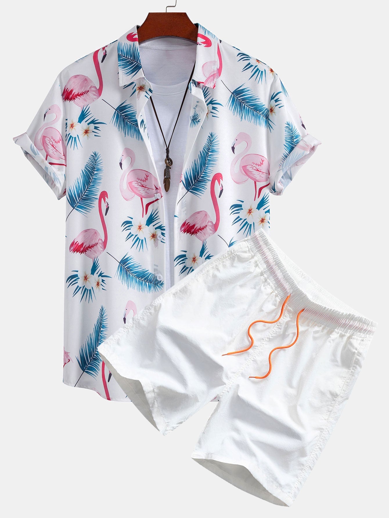 Damian® | Flamingo Leaf Print Button Up Shirt & Swim Shorts
