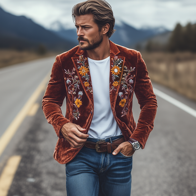 Men's Classic Retro SliFit Single Breasted Fax Velvet Embroidered Blazer