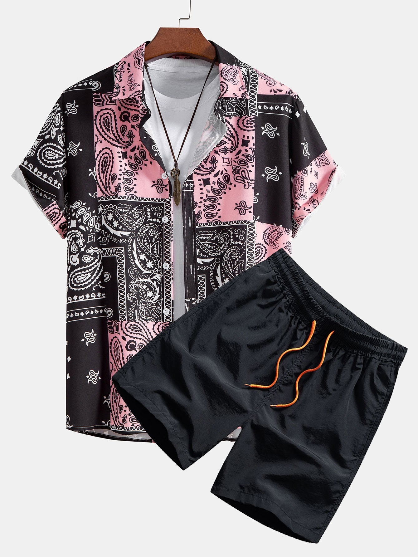 Adamo® | Paisley Print Button Up Shirt Random Pattern Design & Swim Shorts