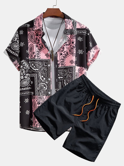 Adamo® | Paisley Print Button Up Shirt Random Pattern Design & Swim Shorts