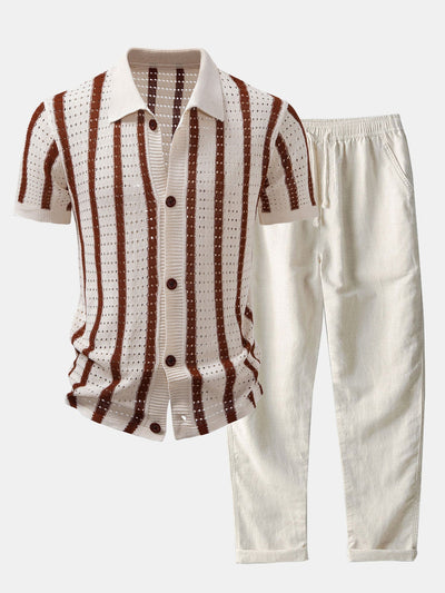 hola Striped shirt with knitted eyelets & straight leg linen trousers