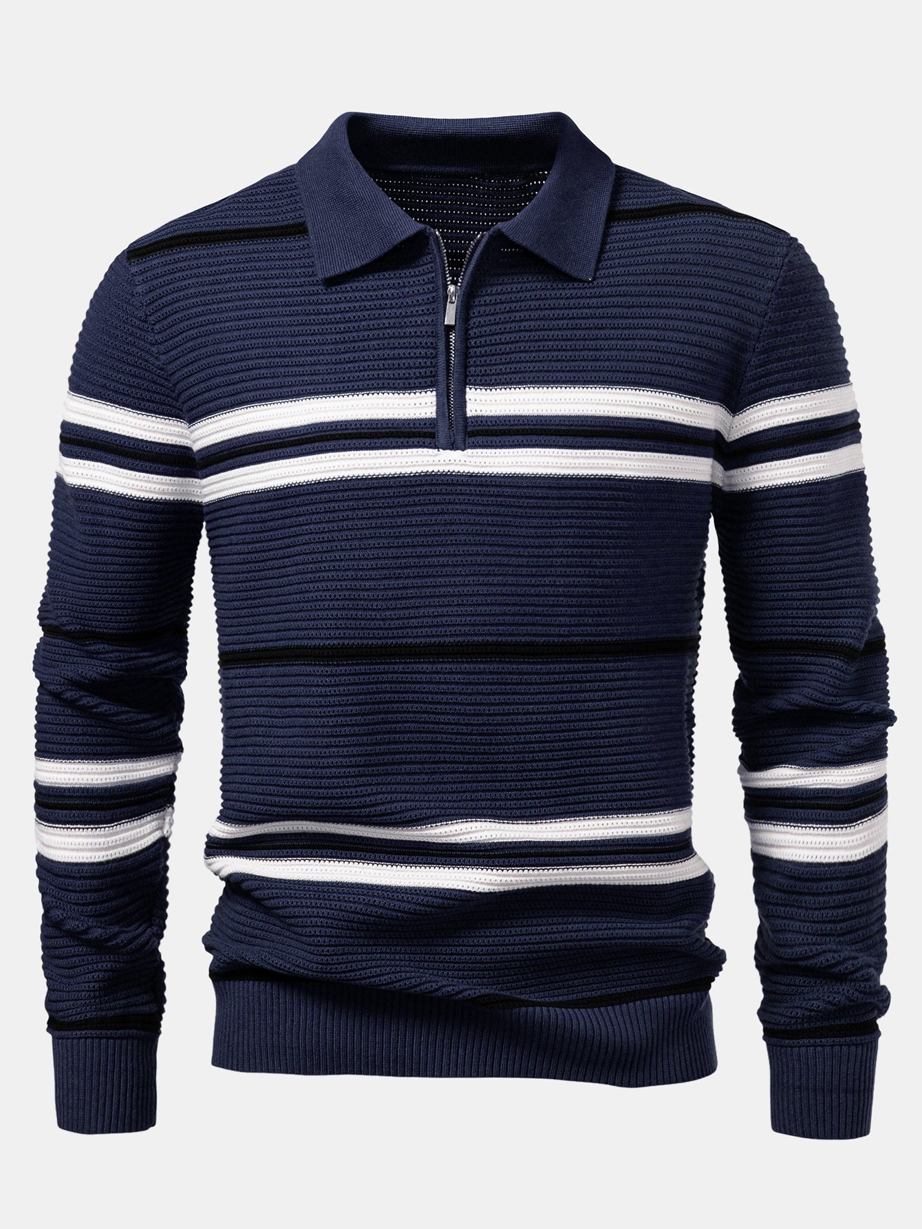 Albano® | Striped Textured Zip Knit Polo Shirt