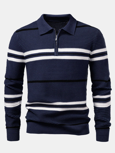 Albano® | Striped Textured Zip Knit Polo Shirt