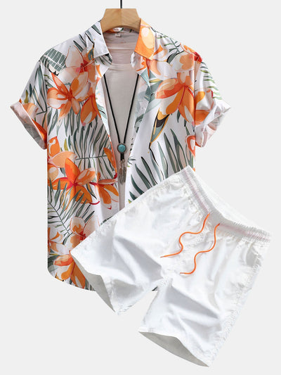 Adalwolf® | Flower Plants Print Button Up Shirt & Swim Shorts