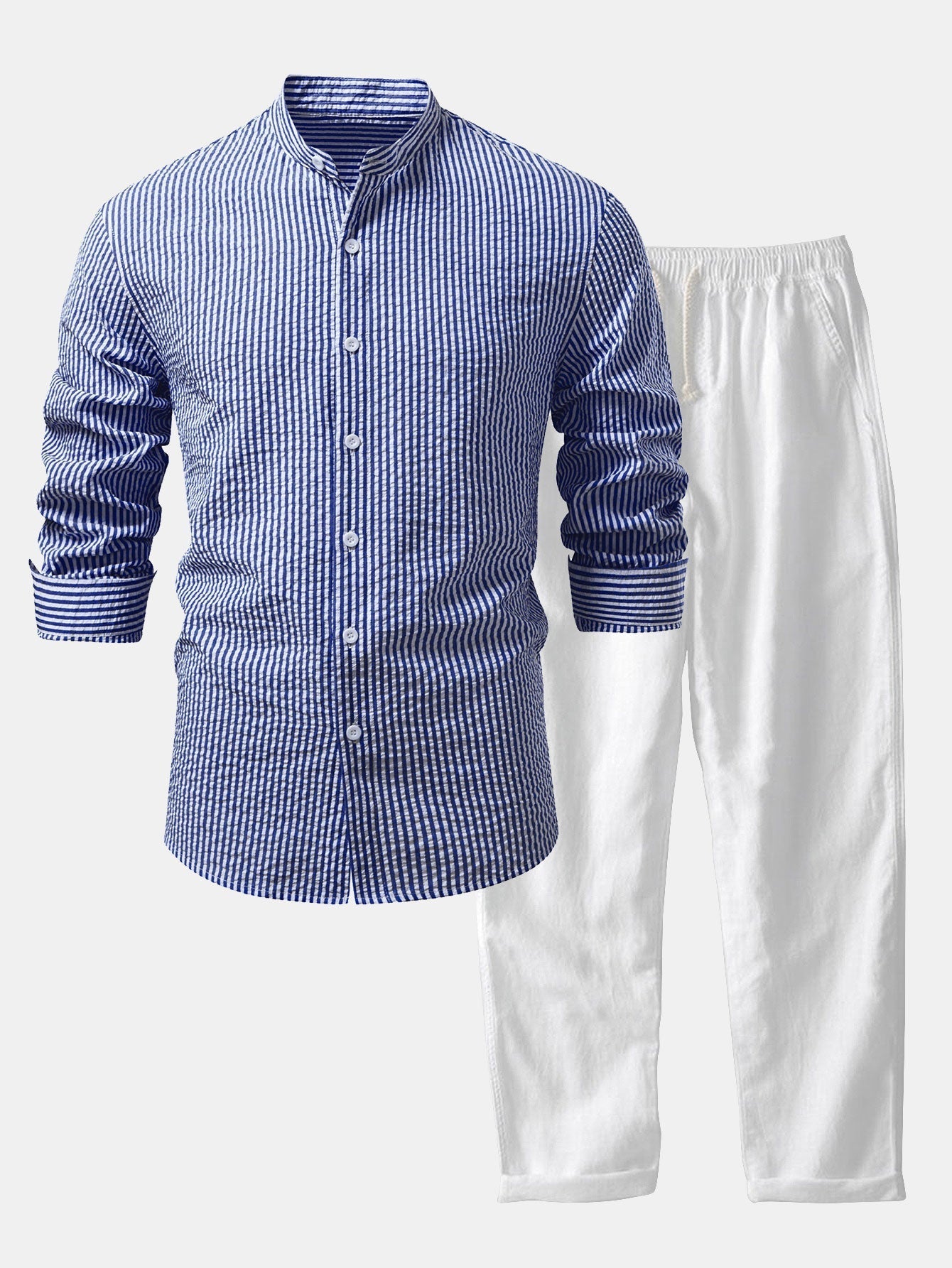 Iker® | Seersucker Striped Stand Collar Shirt & Straight Leg Linen Pants