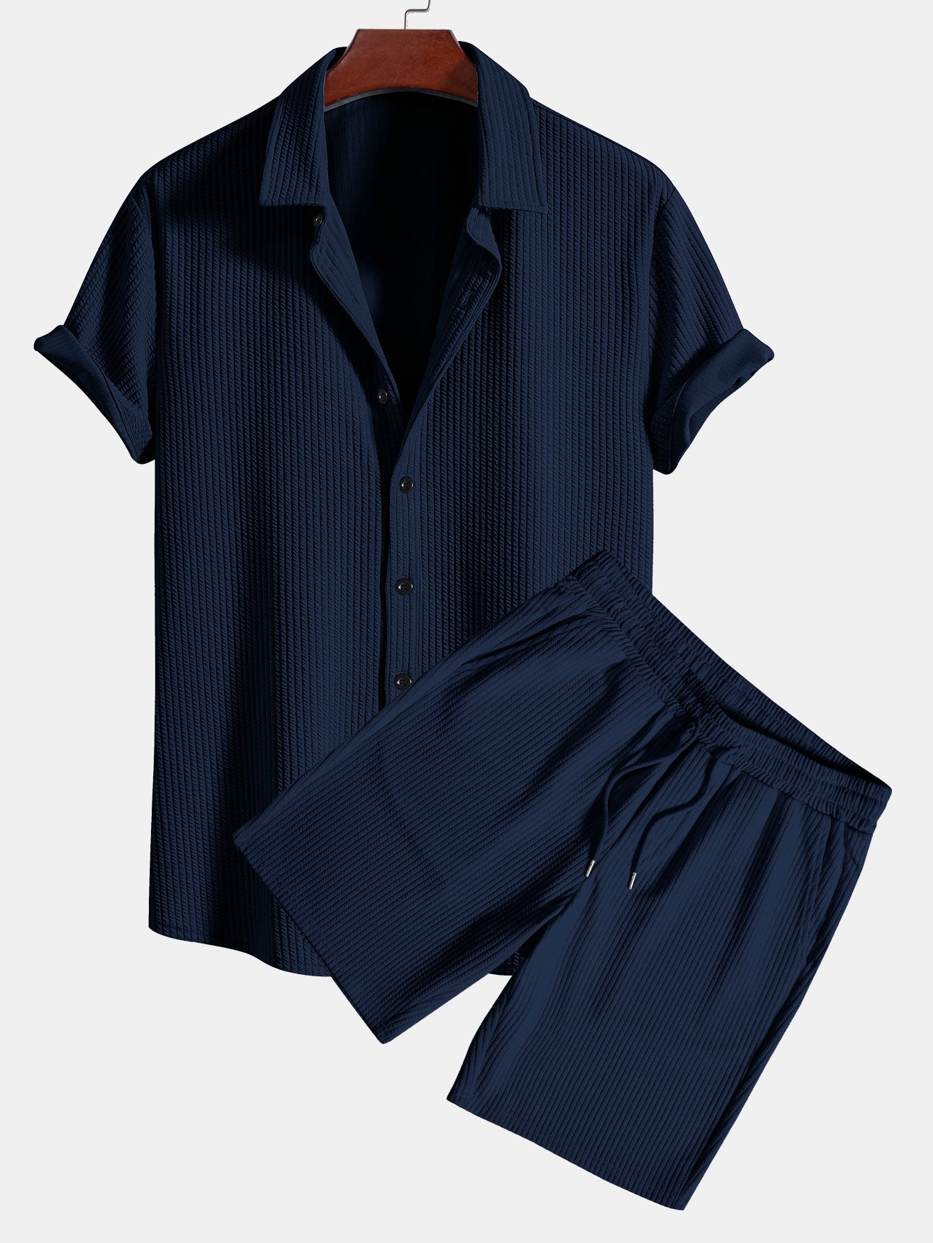Tate® | Muscle Fit Ribbed Button Up Shirt & Shorts
