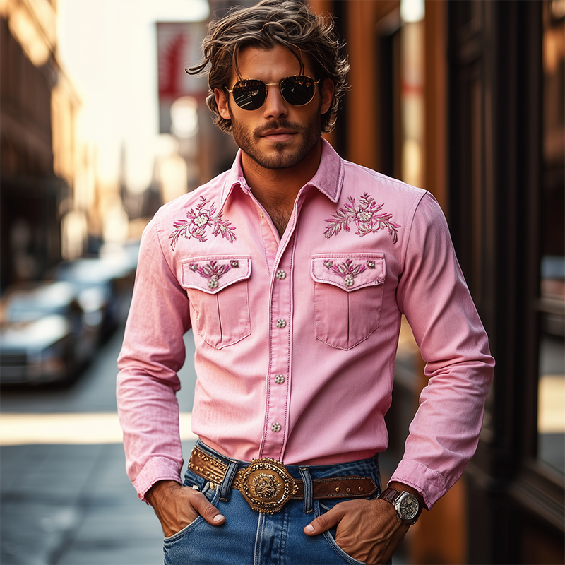 Men's American Retro Western Style Cotn Blend Embroidered Long Sleeve Shirt