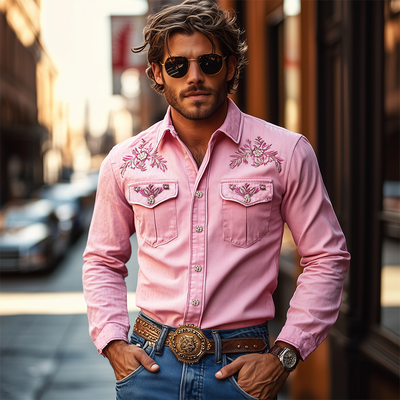 Men's American Retro Western Style Cotn Blend Embroidered Long Sleeve Shirt