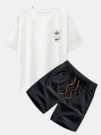 Adrián® | Palm Tree Print Drop Shoulder Oversize T-Shirt & Swim Shorts