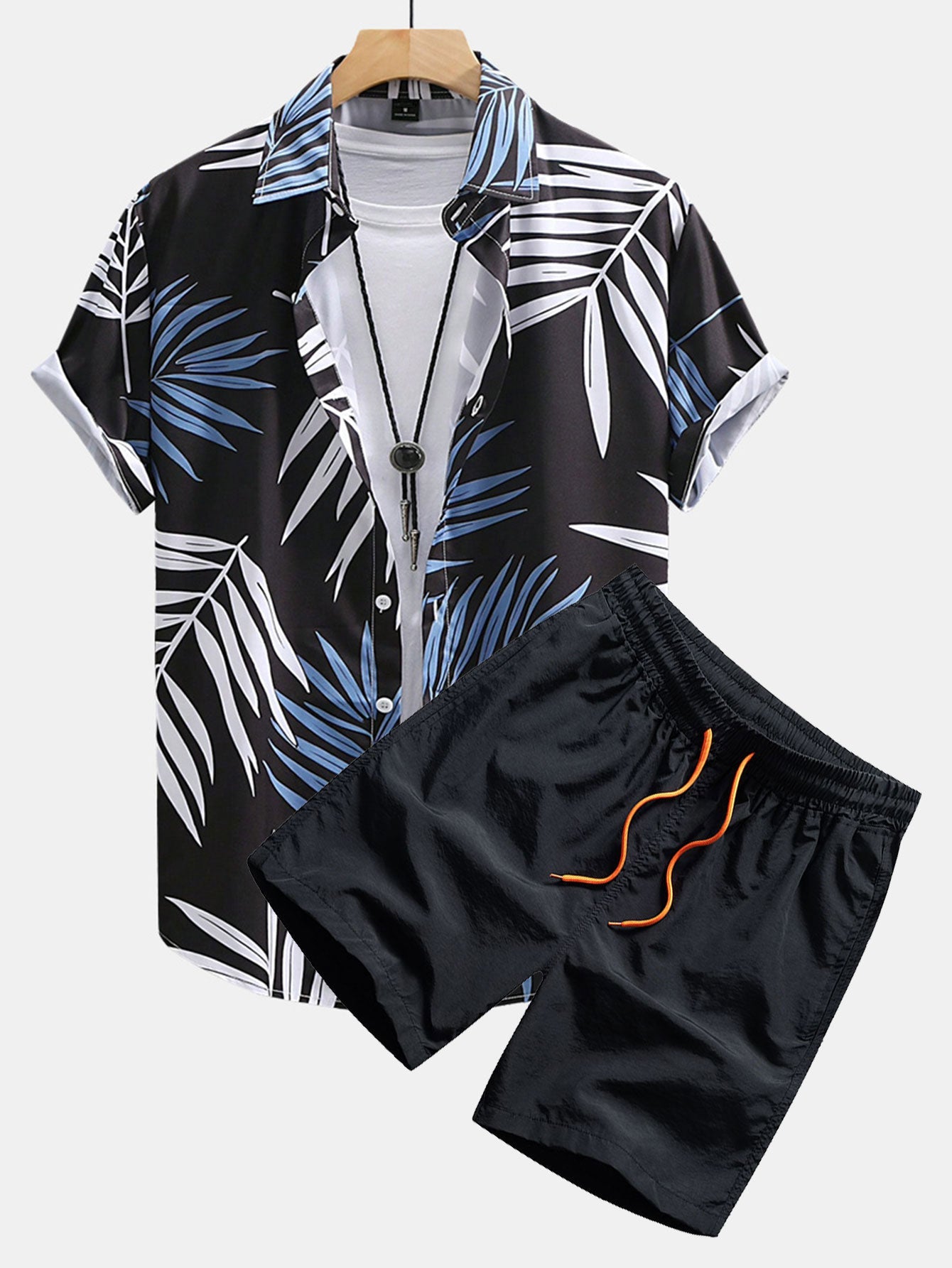 Doug® | Tropical Leaves Print Button Up Shirt & Swim Shorts