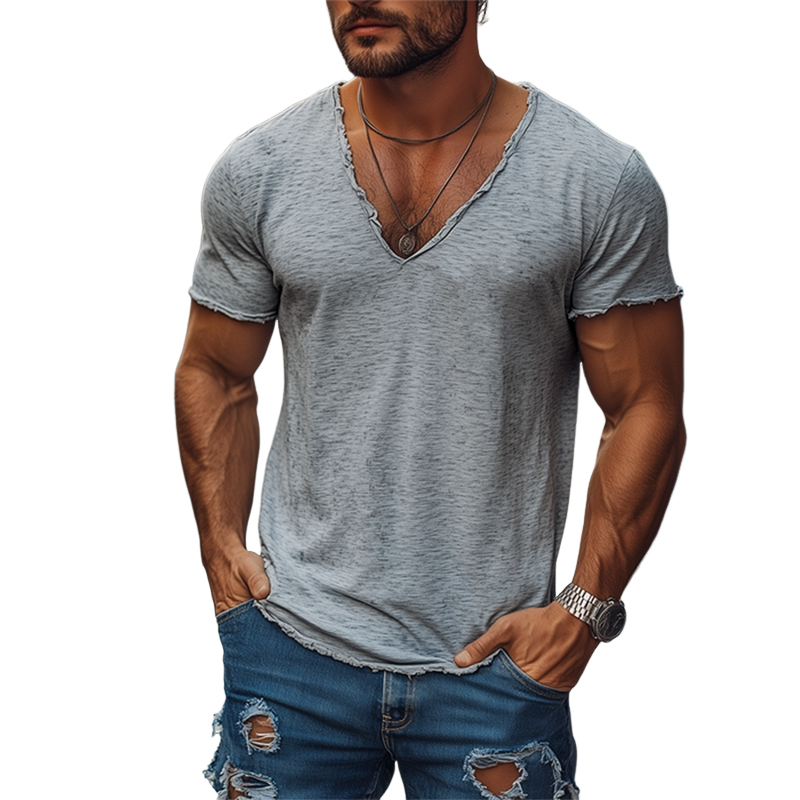 Men's Smmer Casal Heathered Cotn Blended V-Neck Raw Edge Short Sleeve T-ShirtK