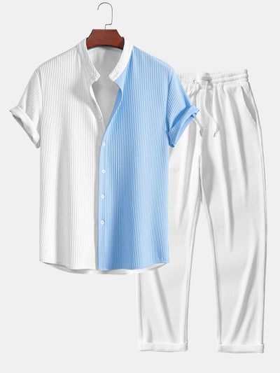 Truman® | Two Tone Muscle Fit Ribbed Stand Collar Shirt & Straight Leg Ribbed Pants