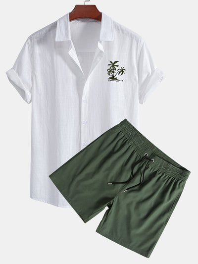 Adamaris® | Hawaii Palm Tree Print Linen Look Cotton Button Up Shirt & Swim Shorts
