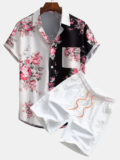Virgil® | Two Tone Rose Print Button Up Shirt & Swim Shorts