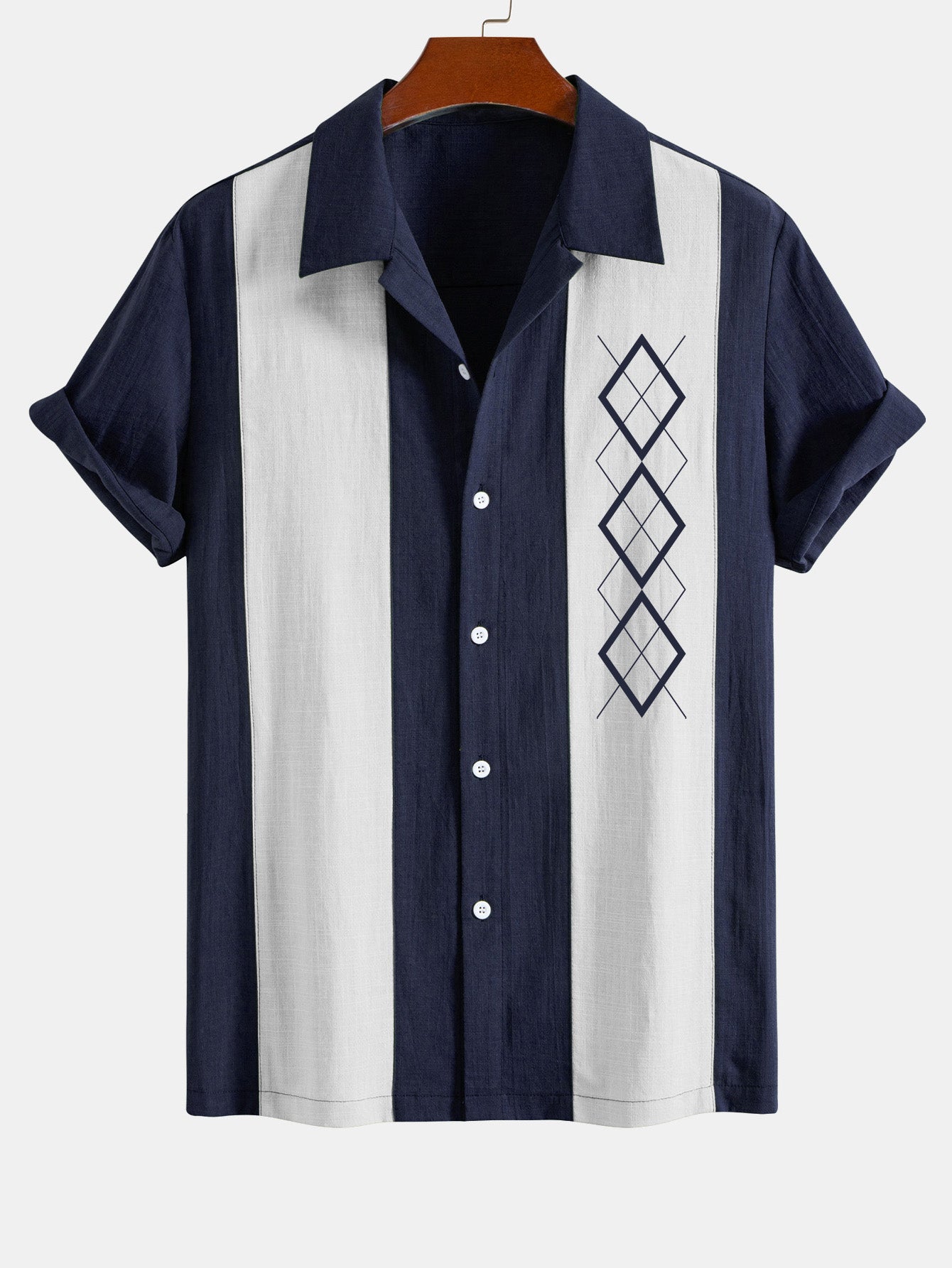 Amparo® | Geometric Rhombus Print Linen Look Patchwork Bowling Shirt