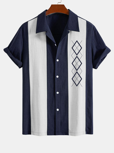 Laureano® | Geometric Rhombus Print Linen Look Patchwork Bowling Shirt