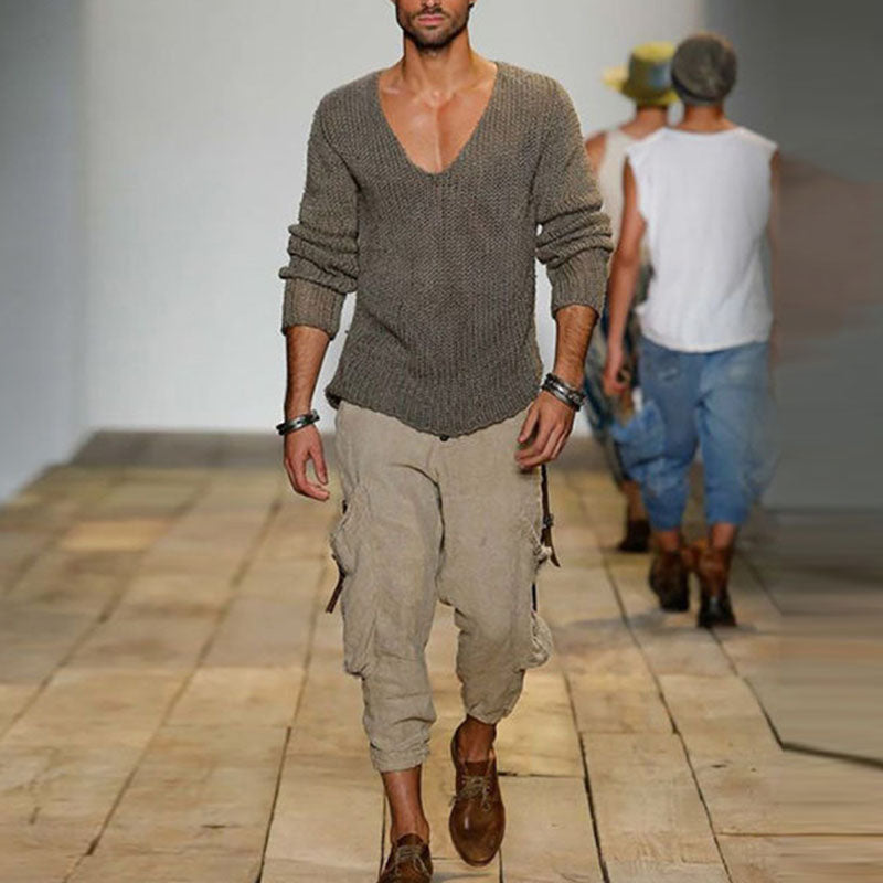 Men's Casual Solid Color V-Neck Loose Knit Pullover Sweater