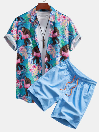 Justin® | Tropical Plants And Orangutan Print Button Up Shirt & Swim Shorts