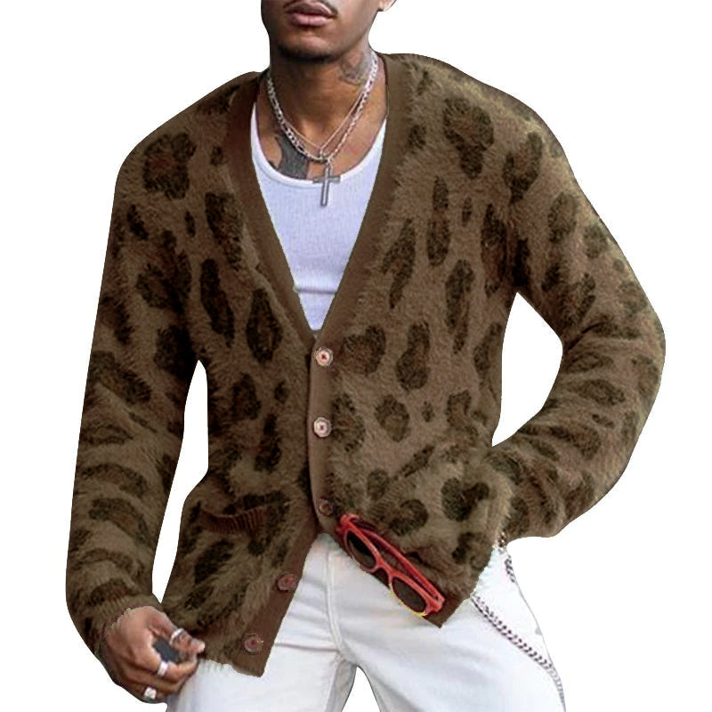 Men's Vintage Leopard V-Neck Single-Breasted Cardigan
