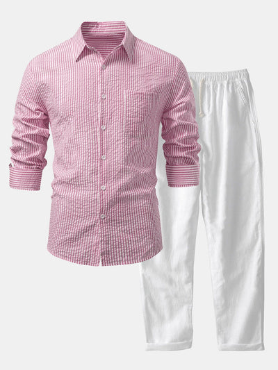 Ignacio® | Seersucker Striped Button Up Shirt & Straight Leg Linen Pants