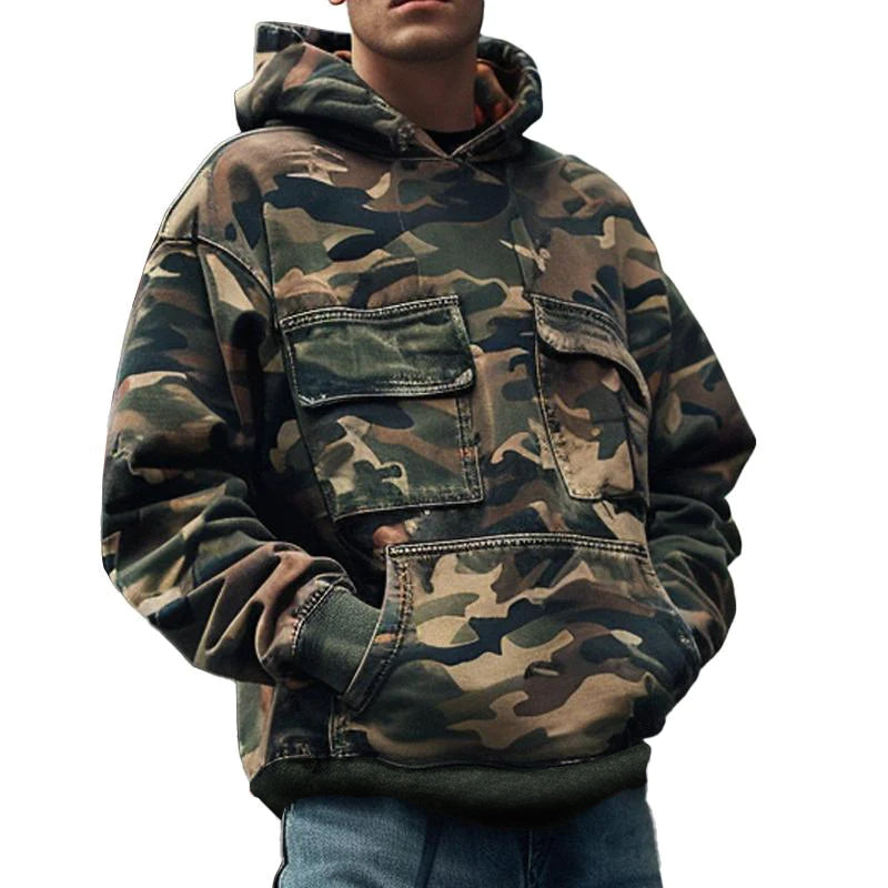 Men's Vine Camoflage Printed Cotn Blend Flap Pocket Long-Sleeved Hoodie