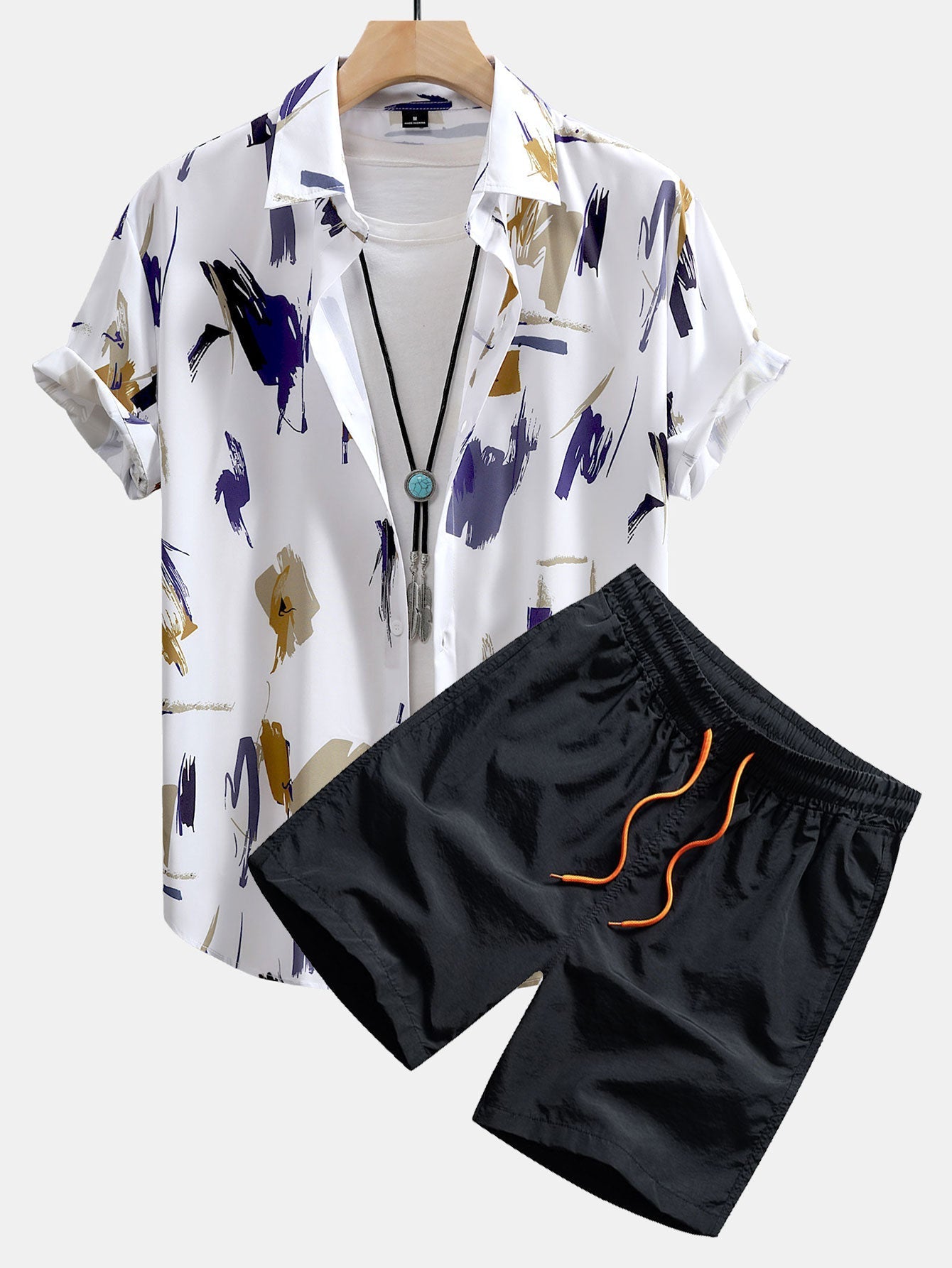 Lázaro® | Brushstroke Print Button Up Shirt & Swim Shorts